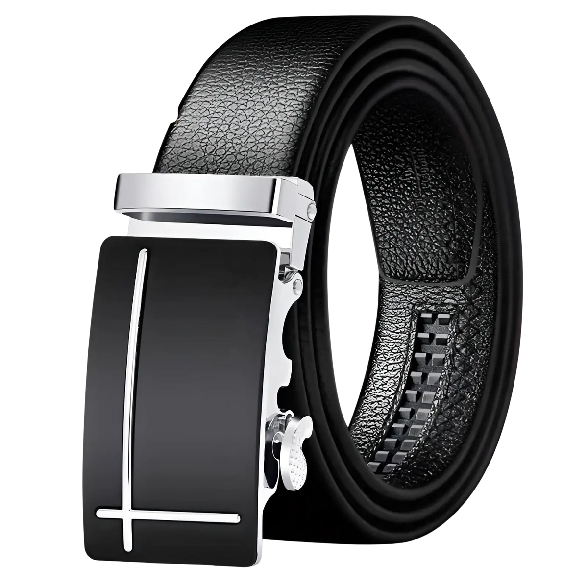 Men automatic leather belt in black with a silver-toned minimalist automatic buckle featuring coolerfire logo