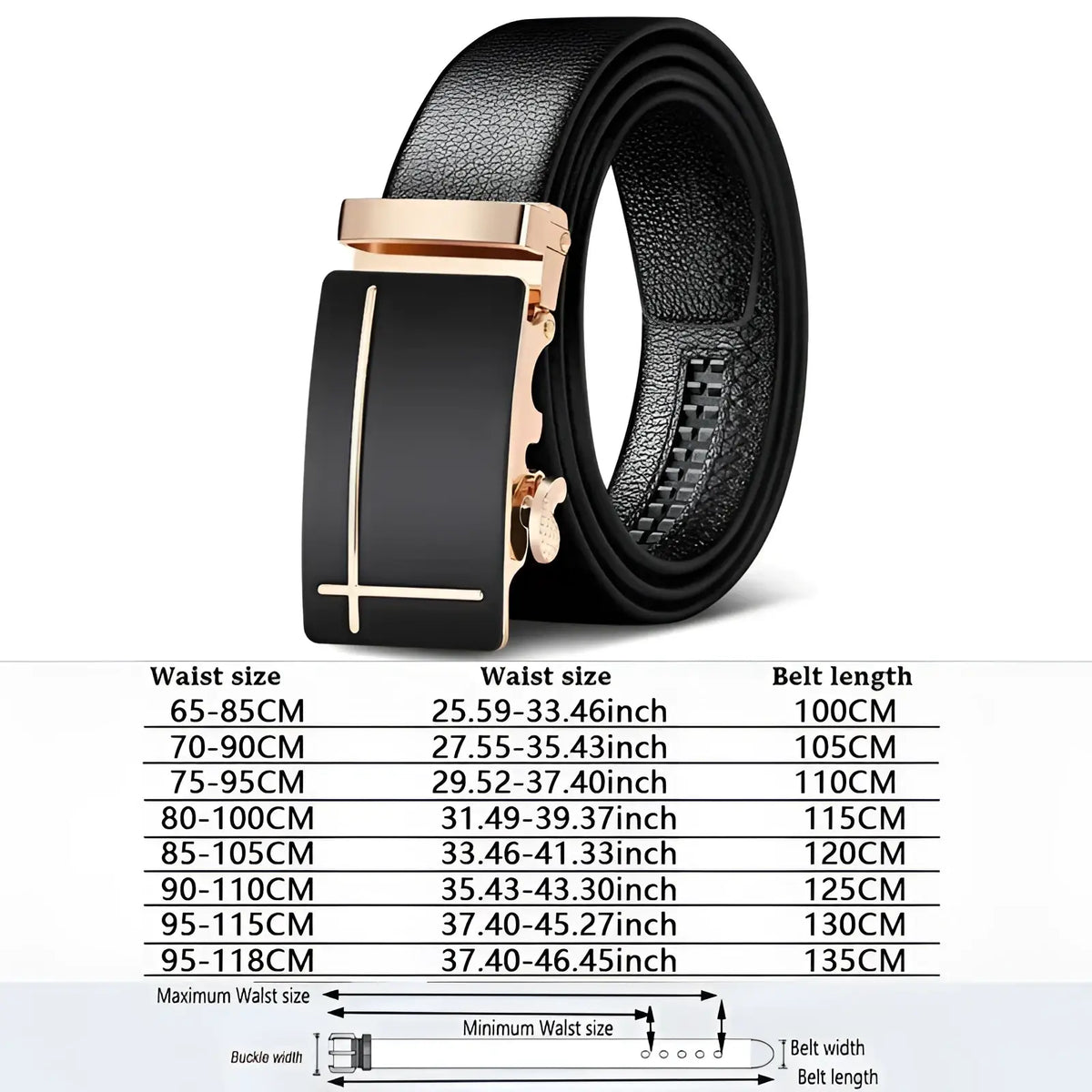Men automatic leather belt in black with a sleek rose gold-toned minimalist automatic buckle