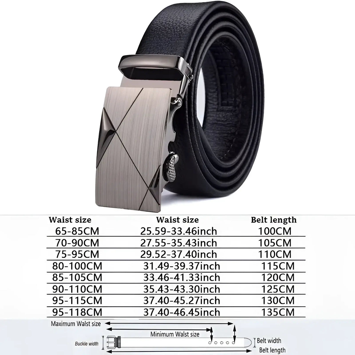 Men automatic leather belt in black with a silver-toned geometrically patterned automatic buckle
