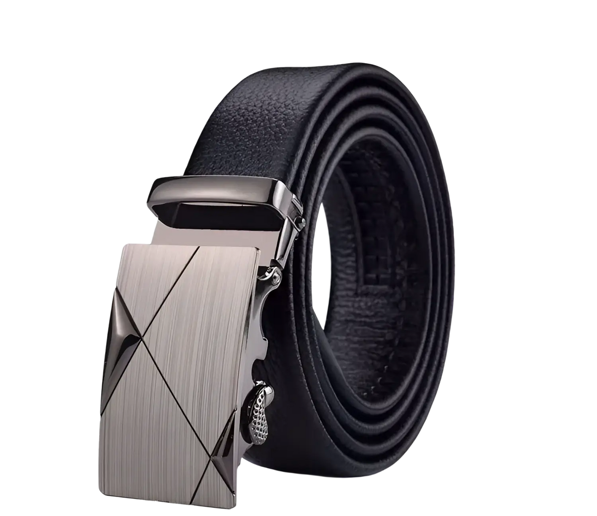 Men automatic leather belt in black with a sleek brushed metallic buckle featuring an angular geometric design