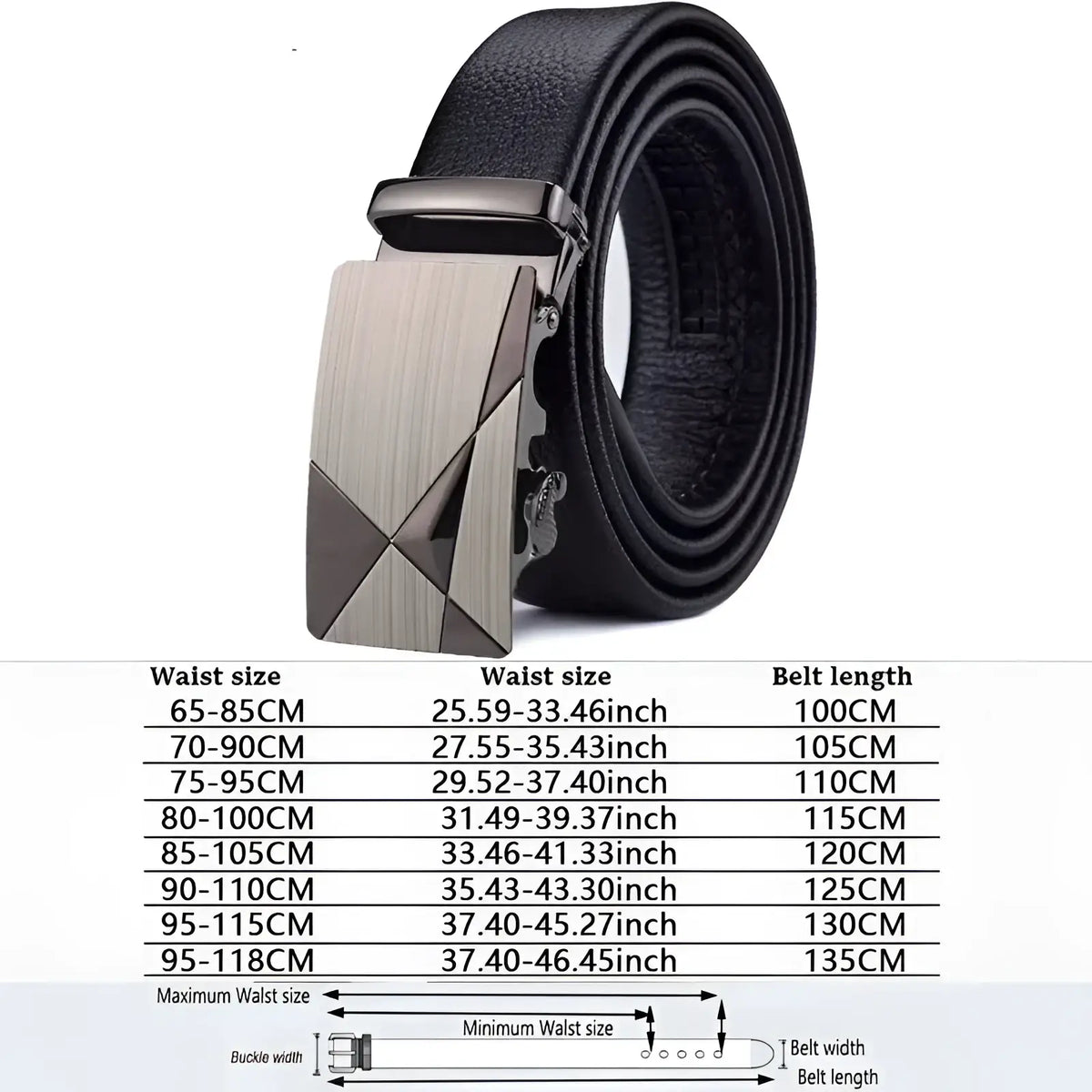 Men automatic leather belt in black with silver-toned geometrically patterned automatic buckle
