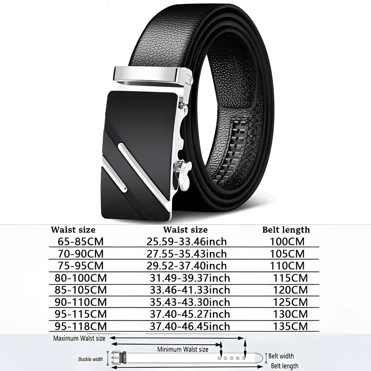 Men automatic leather belt in black with a sleek silver-toned rectangular buckle featuring diagonal accent lines