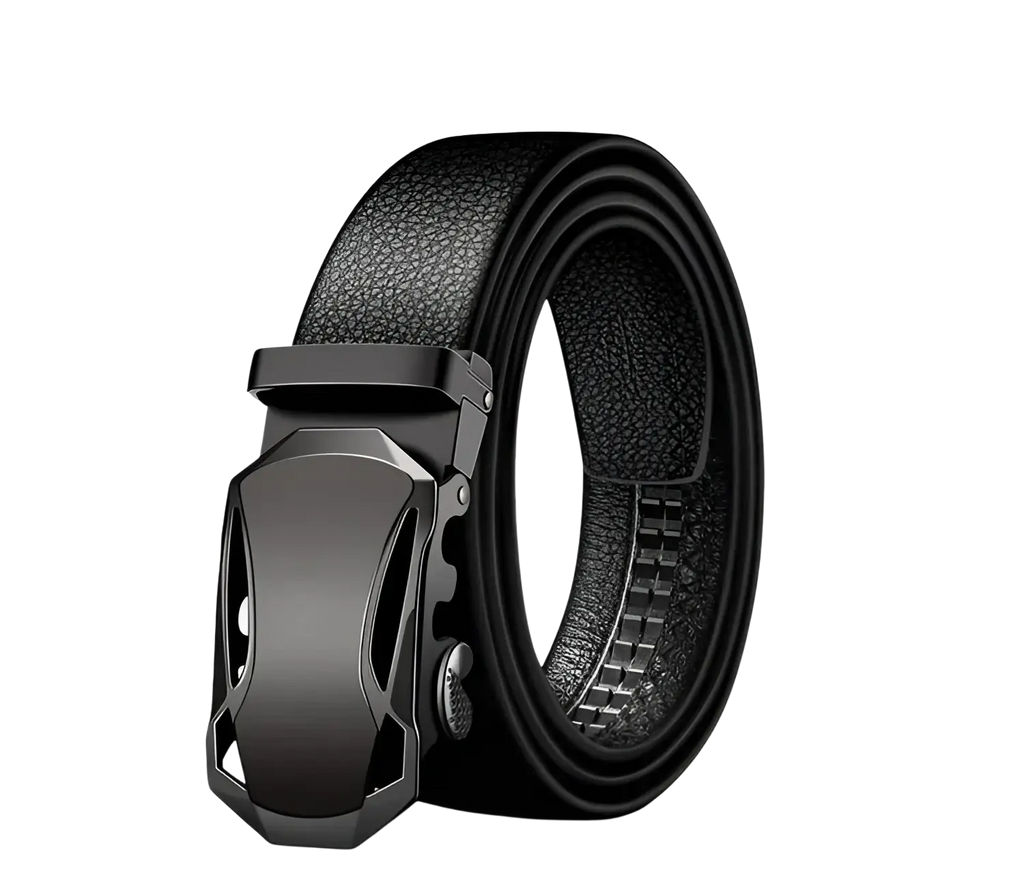 Men automatic leather belt in black with a sleek matte finish metal buckle featuring an automatic release mechanism