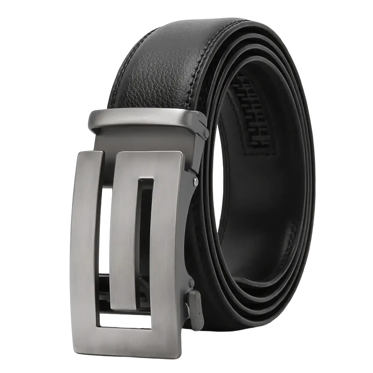 Men automatic leather belt featuring black leather and a sleek silver-toned automatic buckle