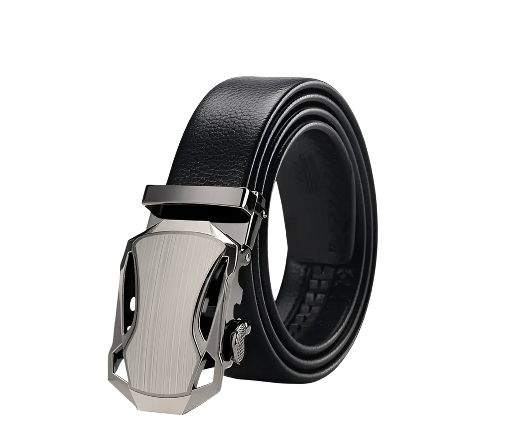 Men automatic leather belt in black with sleek brushed silver-toned angular automatic buckle and subtle texture