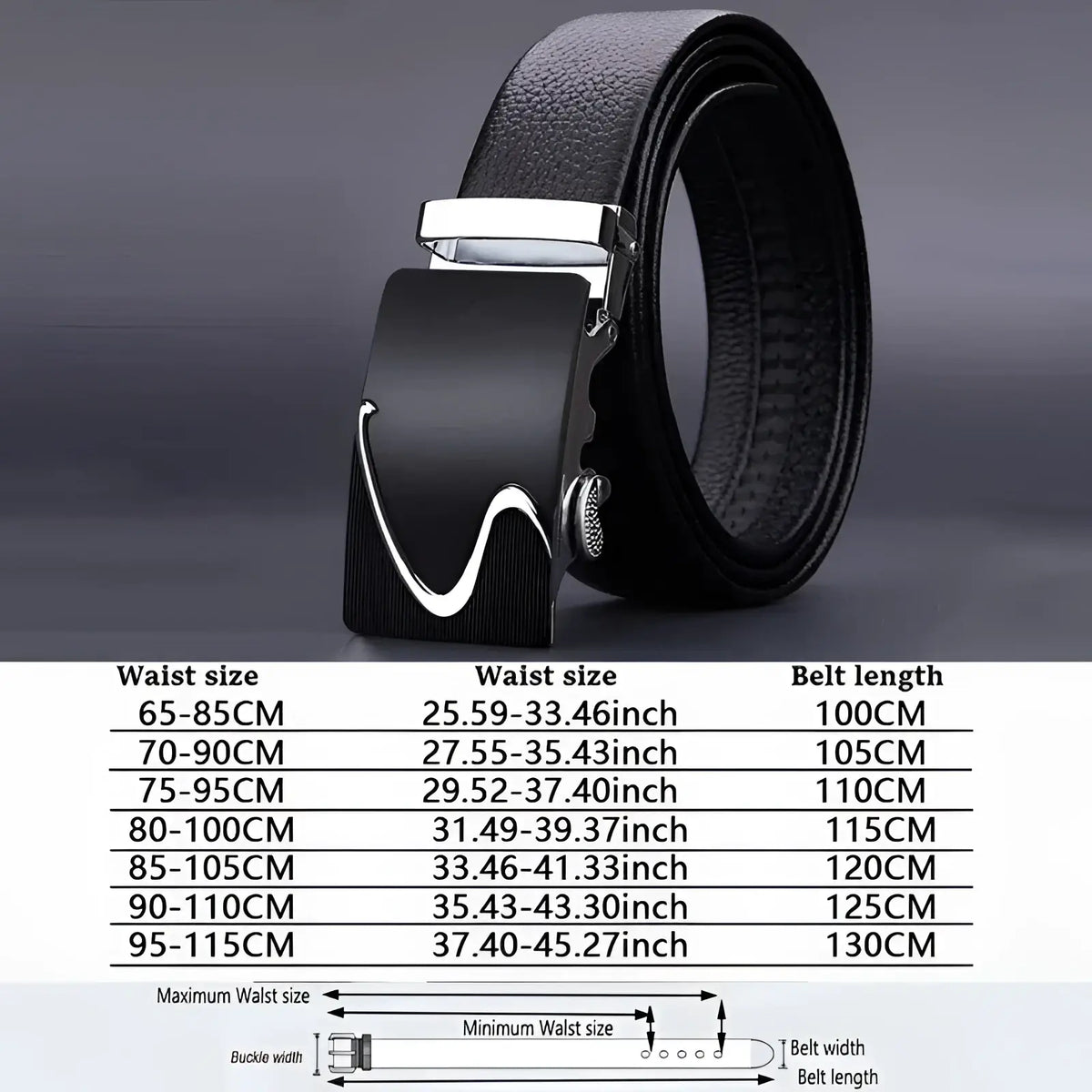 Men automatic leather belt in black with a sleek silver-toned automatic buckle and elegant curved design