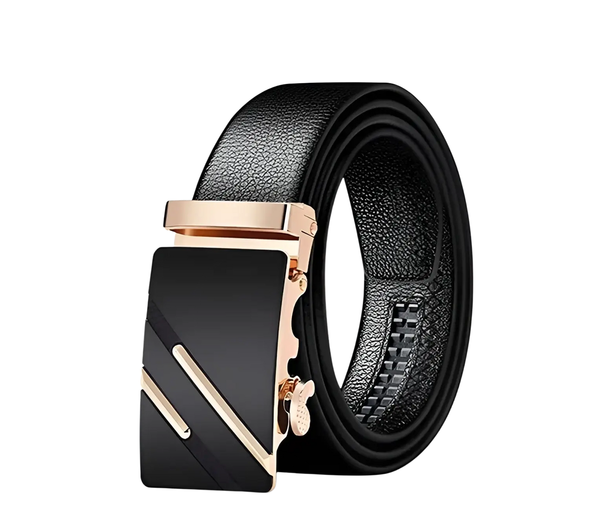Men automatic leather belt in black with a rose gold-toned automatic buckle featuring diagonal metallic accents