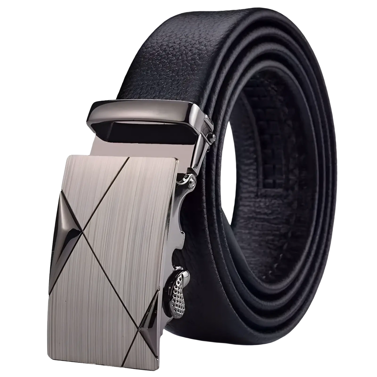 Men automatic leather belt in black with a sleek brushed silver-tone angular geometric automatic buckle