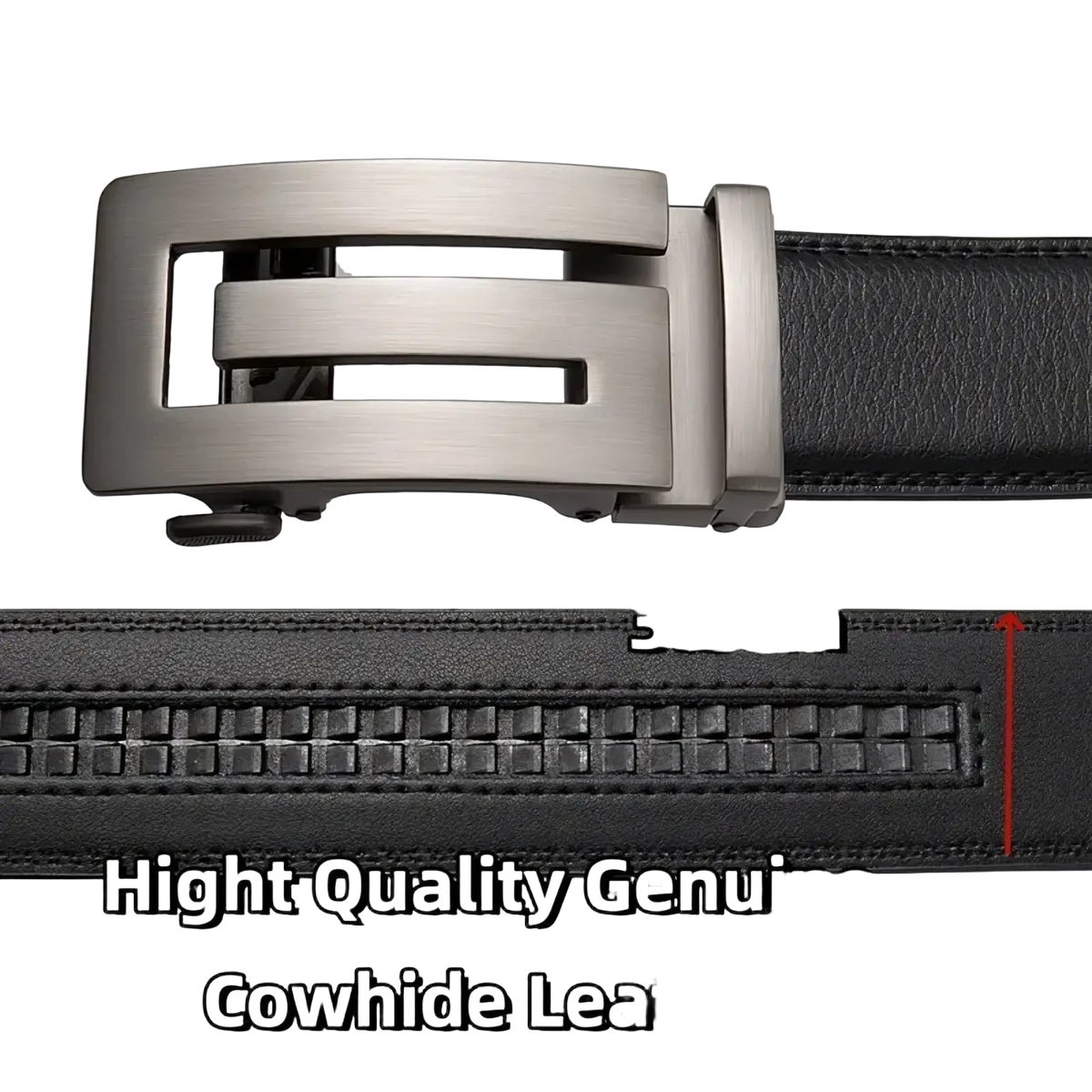 Men automatic leather belt in black cowhide with a brushed silver-toned automatic buckle for formal wear