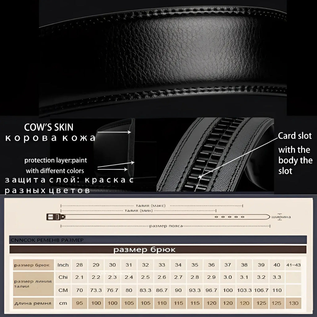 Men automatic leather belt in black cowhide with textured surface, precise stitching, and integrated card slot