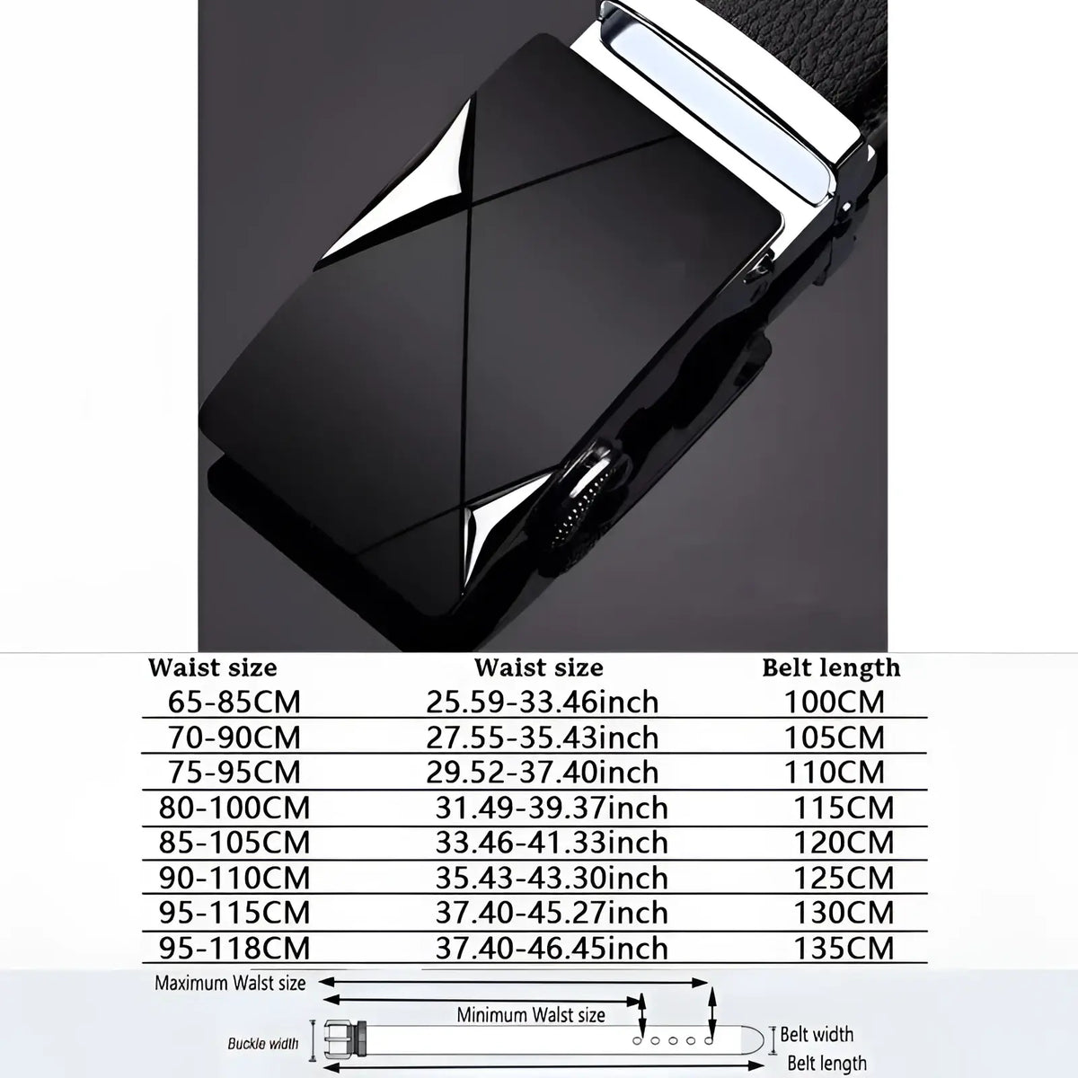 Men automatic leather belt with black glossy geometric buckle and silver toned metal accents