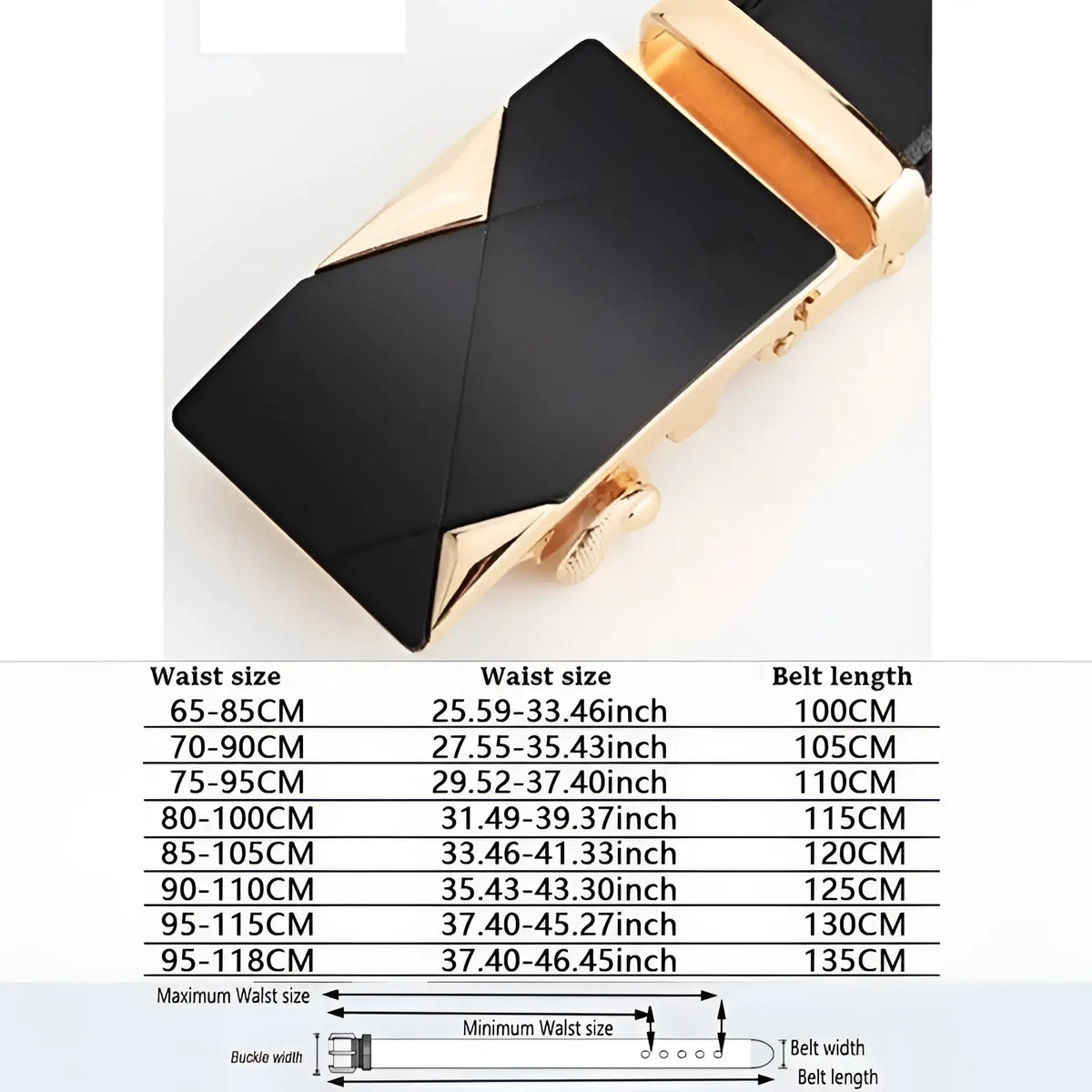 Men automatic leather belt featuring a black and gold geometric buckle with a sleek modern design