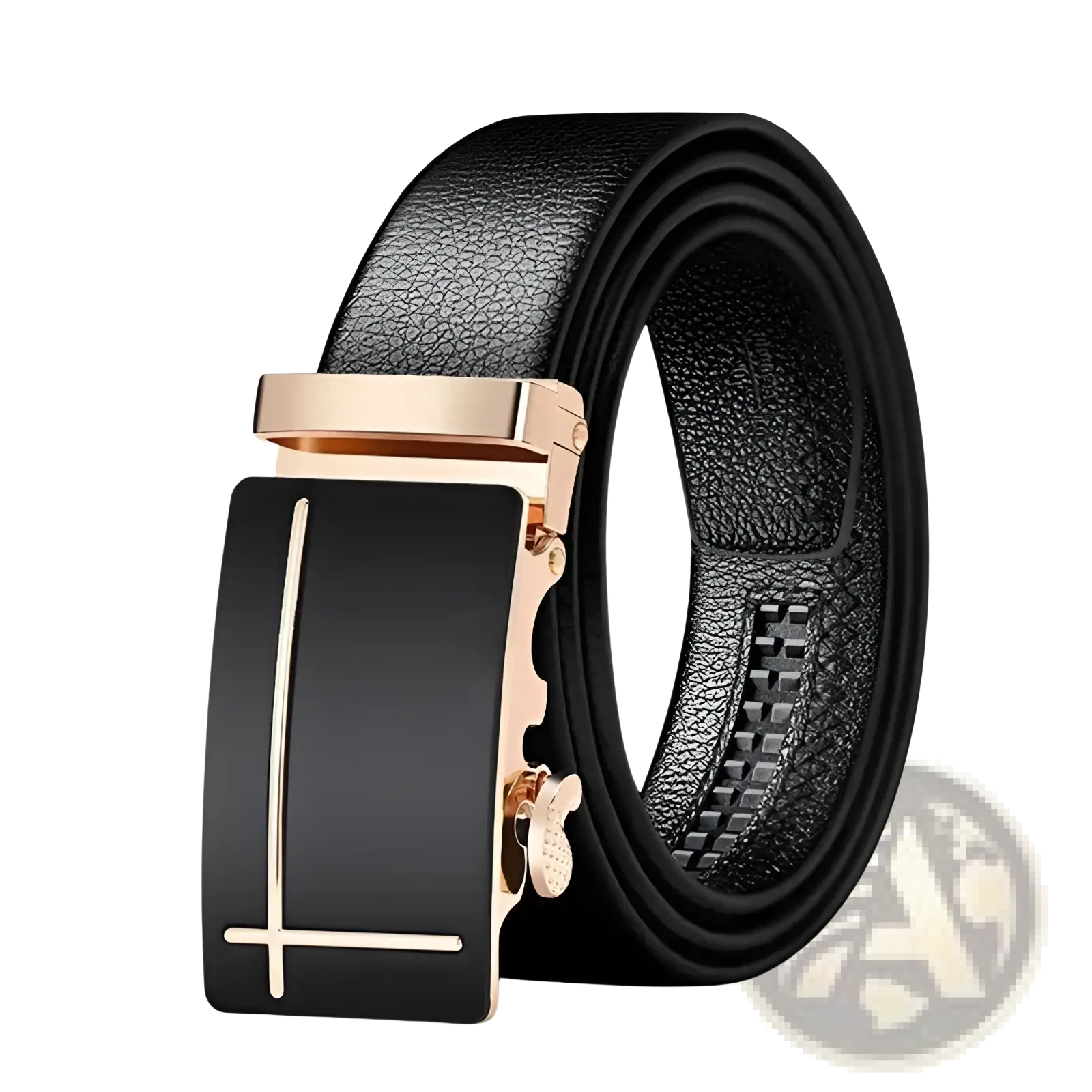 Men automatic leather belt in black with a rose gold automatic buckle and sleek minimalist coolerfire logo design