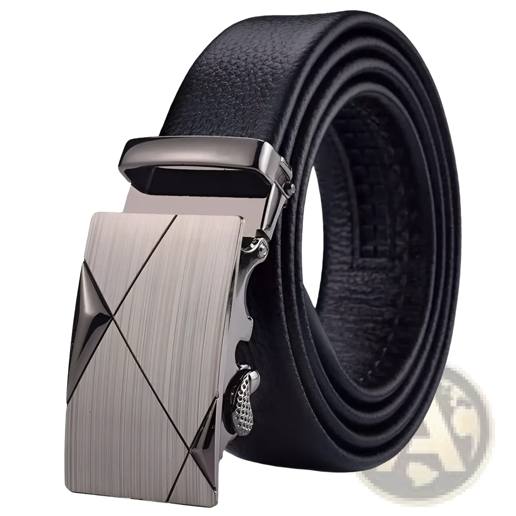 Men automatic leather belt in black with a sleek brushed silver-tone angular geometric automatic buckle