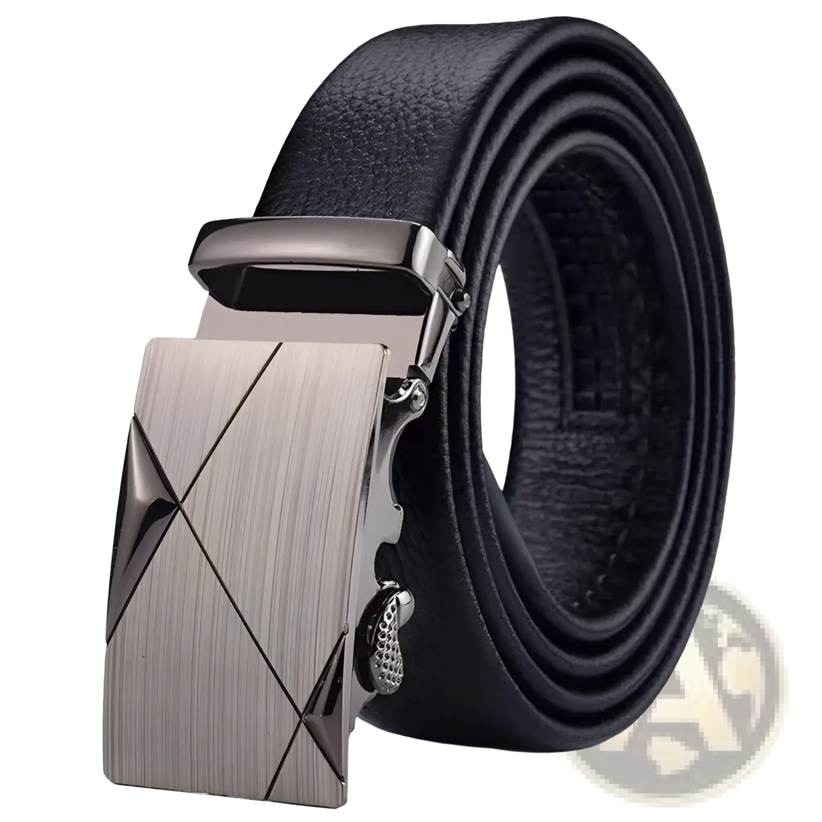 Men automatic leather belt in black with a sleek brushed silver-tone angular geometric automatic buckle