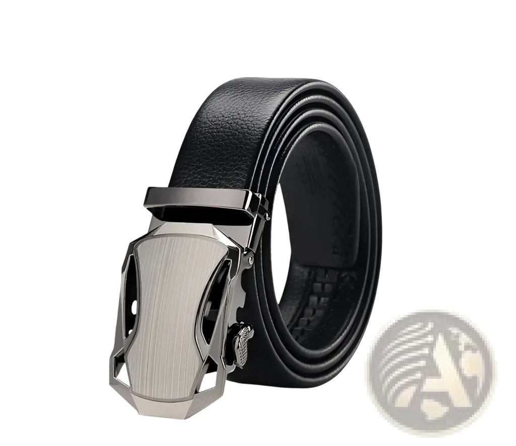 Men automatic leather belt in black with sleek brushed silver-toned angular automatic buckle and subtle texture