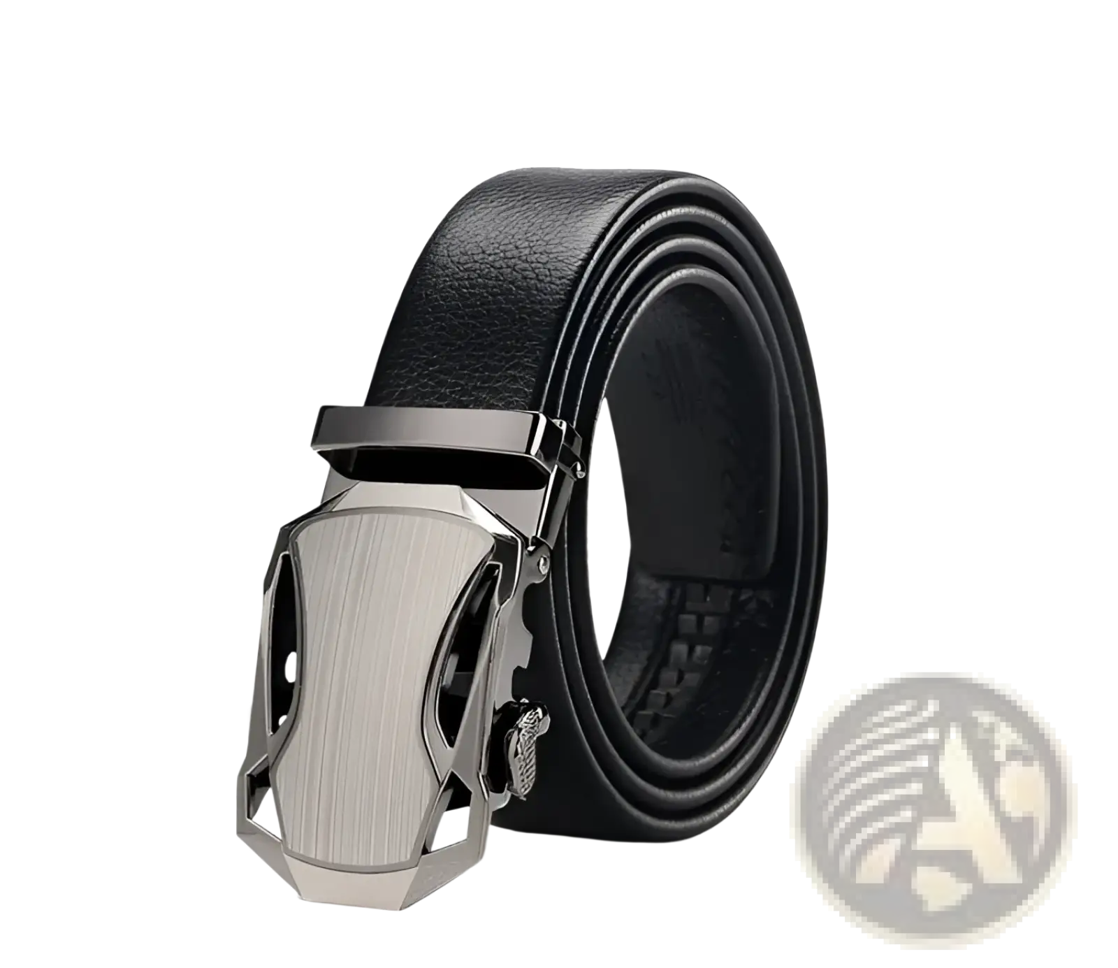 Men automatic leather belt in black with sleek brushed silver-toned angular automatic buckle and subtle texture