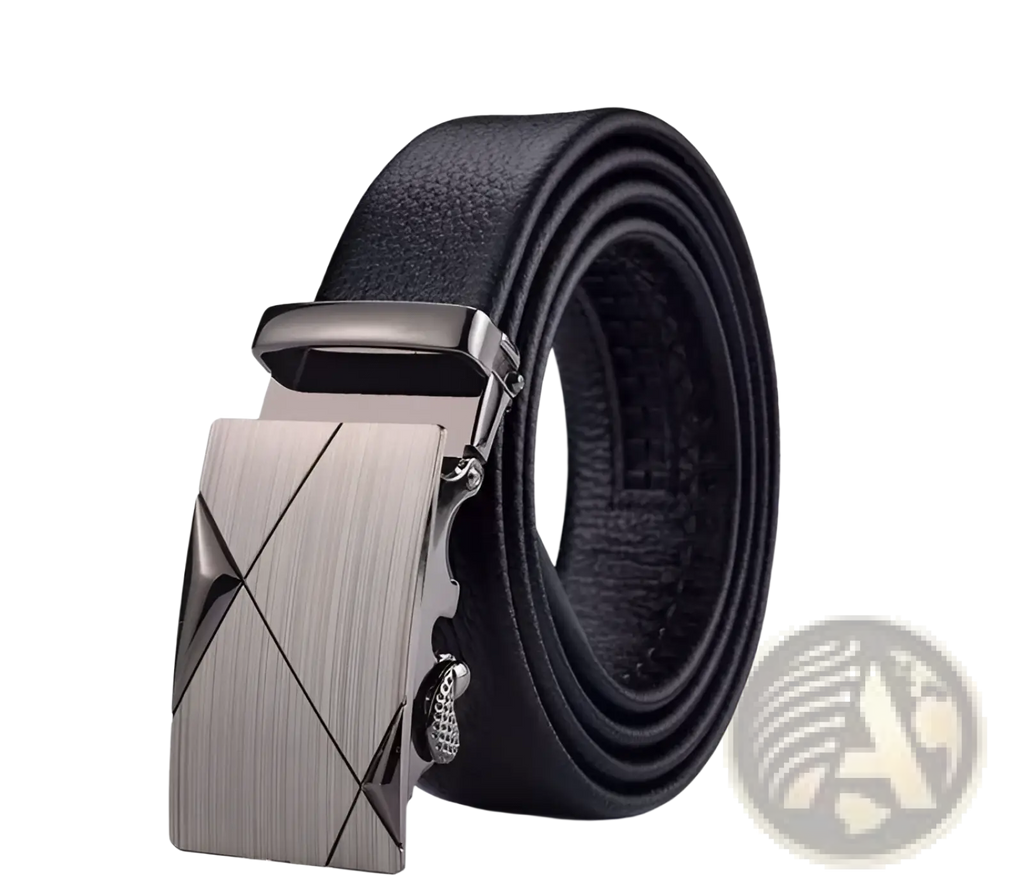 Men automatic leather belt in black with a sleek brushed metallic buckle featuring an angular geometric design