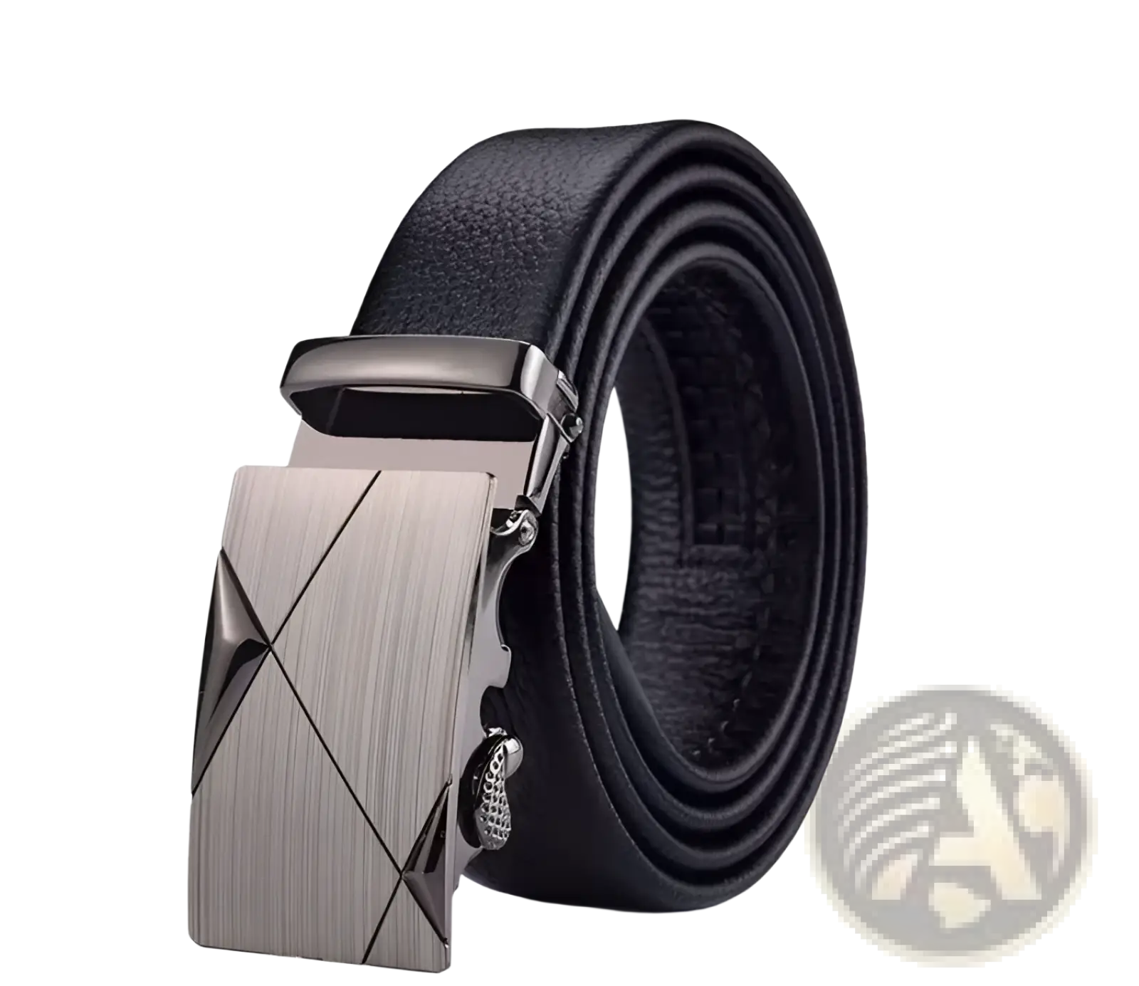 Men automatic leather belt in black with a sleek brushed metallic buckle featuring an angular geometric design