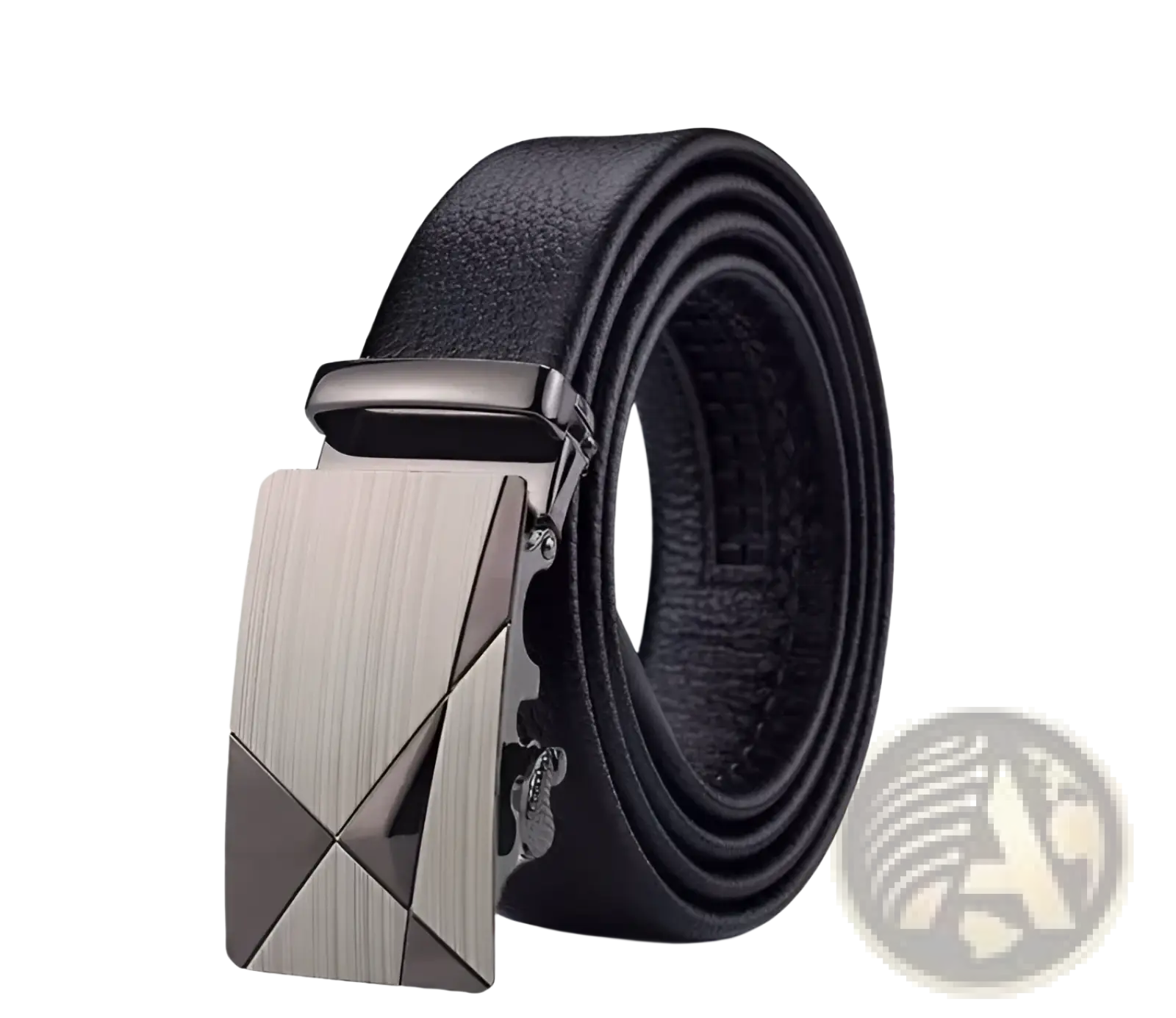 Black leather men automatic belt with a sleek geometrically patterned silver-toned automatic buckle