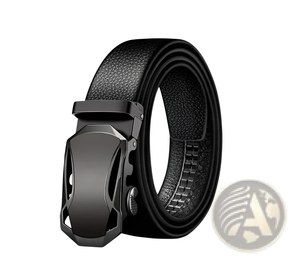 Men automatic leather belt in black with a sleek matte finish metal buckle featuring an automatic release mechanism