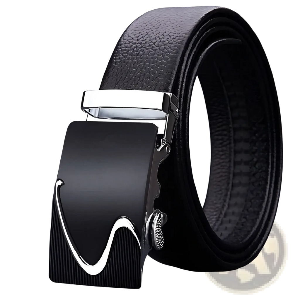 Men automatic leather belt in black with a matte finish silver wave design buckle featuring Coolerfire logo
