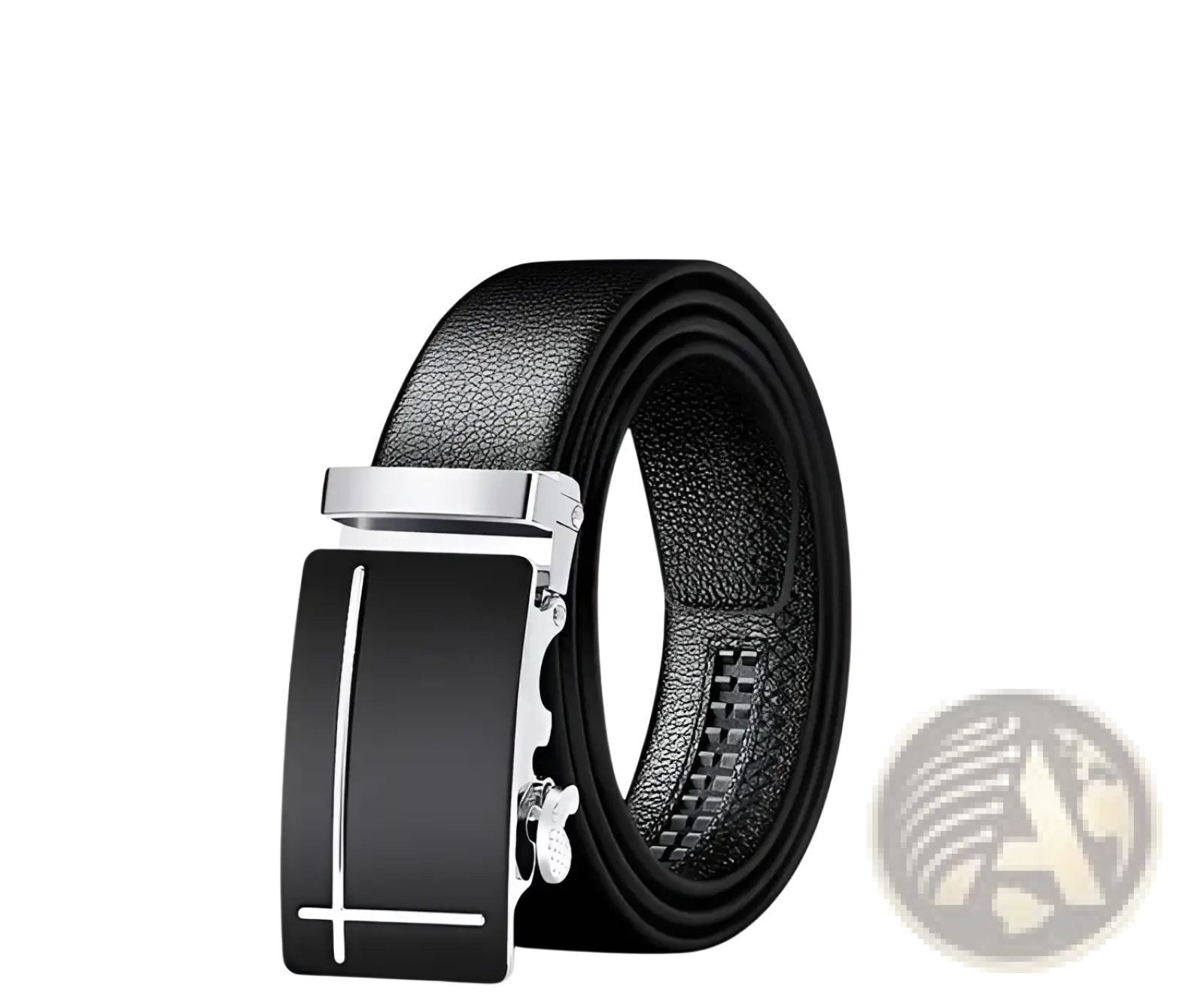Men automatic leather belt in black with a sleek rectangular silver-toned buckle and minimalist white line detailing