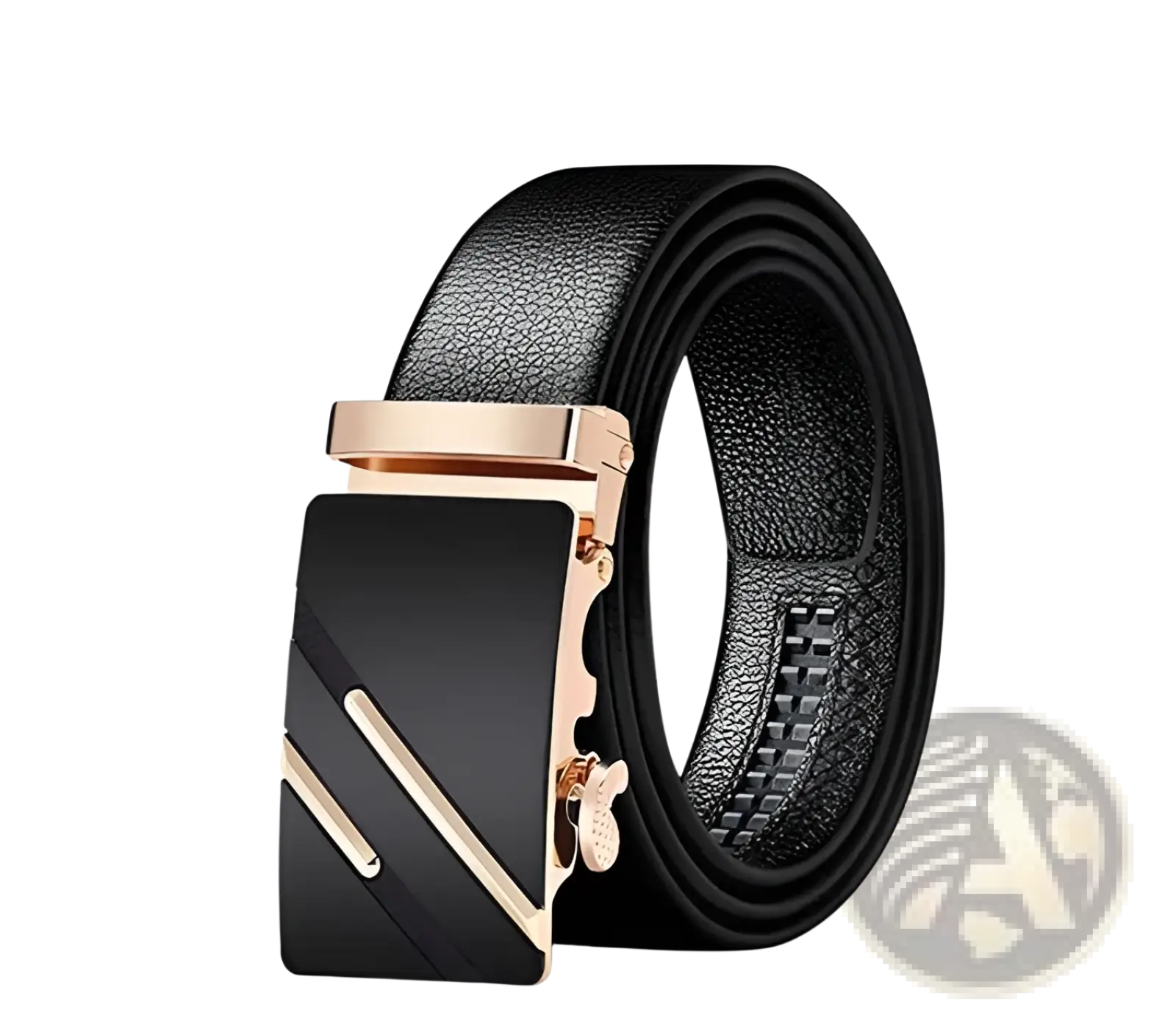 Men automatic leather belt in black with a rose gold-toned automatic buckle featuring diagonal metallic accents