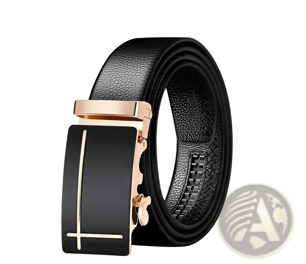 Men automatic leather belt in black with a sleek rose gold-toned automatic buckle featuring a minimalist cross design