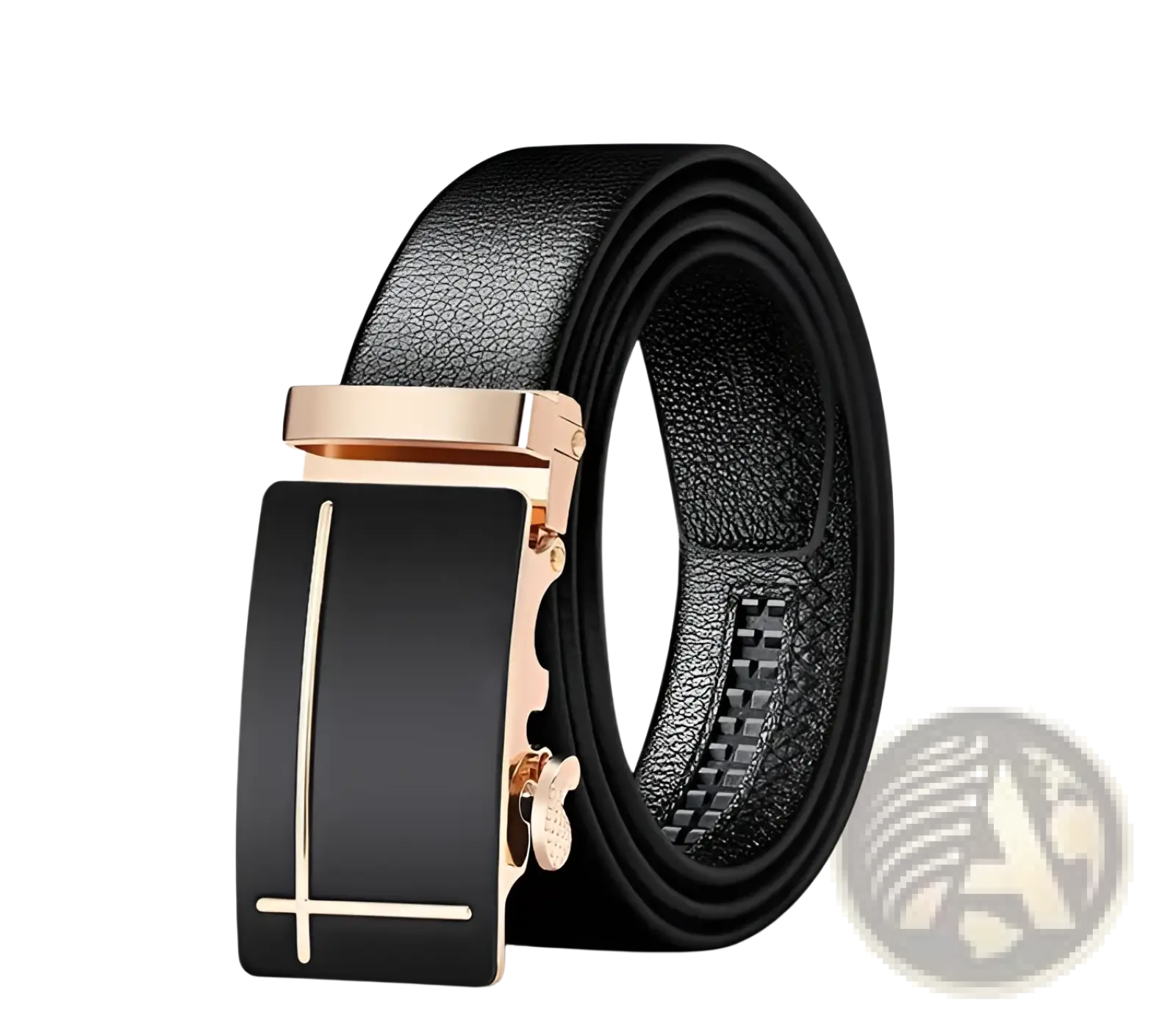 Men automatic leather belt in black with a sleek rose gold-toned automatic buckle featuring a minimalist cross design