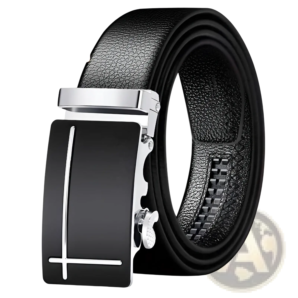 Men automatic leather belt in black with a silver-toned minimalist automatic buckle featuring coolerfire logo
