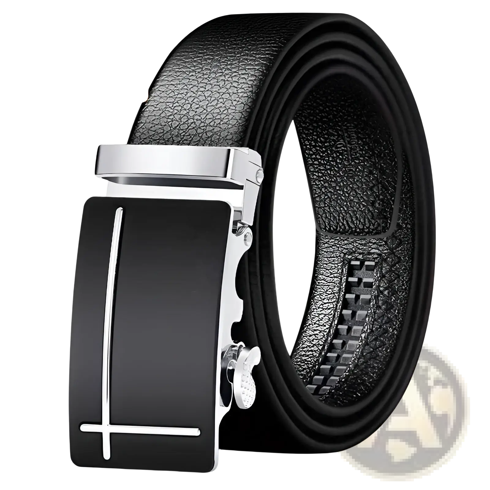 Men automatic leather belt in black with a silver-toned minimalist automatic buckle featuring coolerfire logo