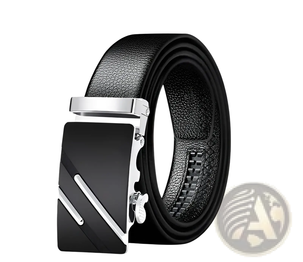 Men automatic leather belt in black with a sleek silver-toned automatic buckle featuring diagonal accent lines