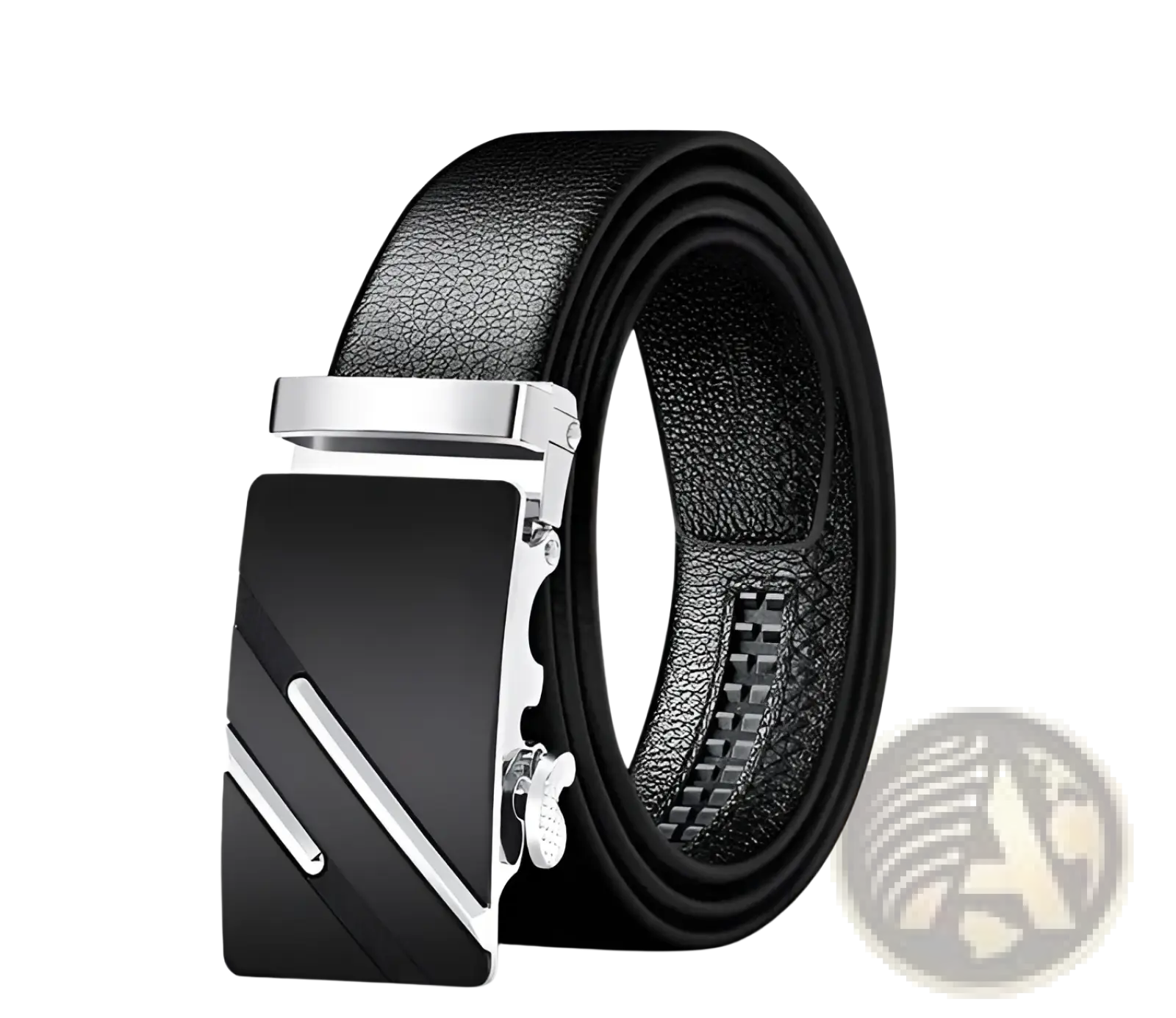 Men automatic leather belt in black with a sleek silver-toned automatic buckle featuring diagonal accent lines