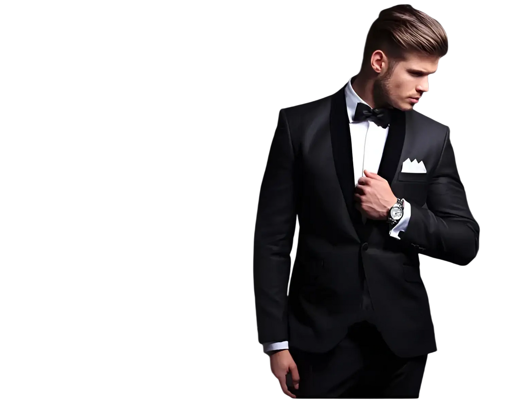 Men automatic leather belt with black leather and silver buckle paired with a black tuxedo jacket and matching bow tie