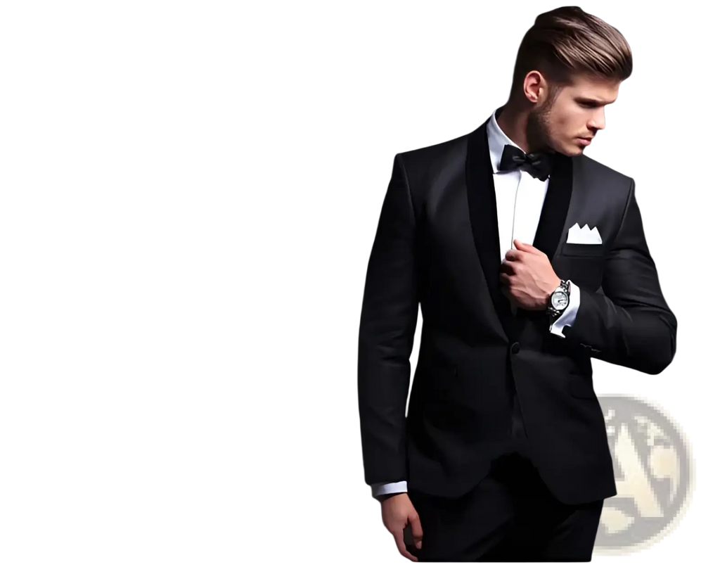 Men automatic leather belt with black leather and silver buckle paired with a black tuxedo jacket and matching bow tie
