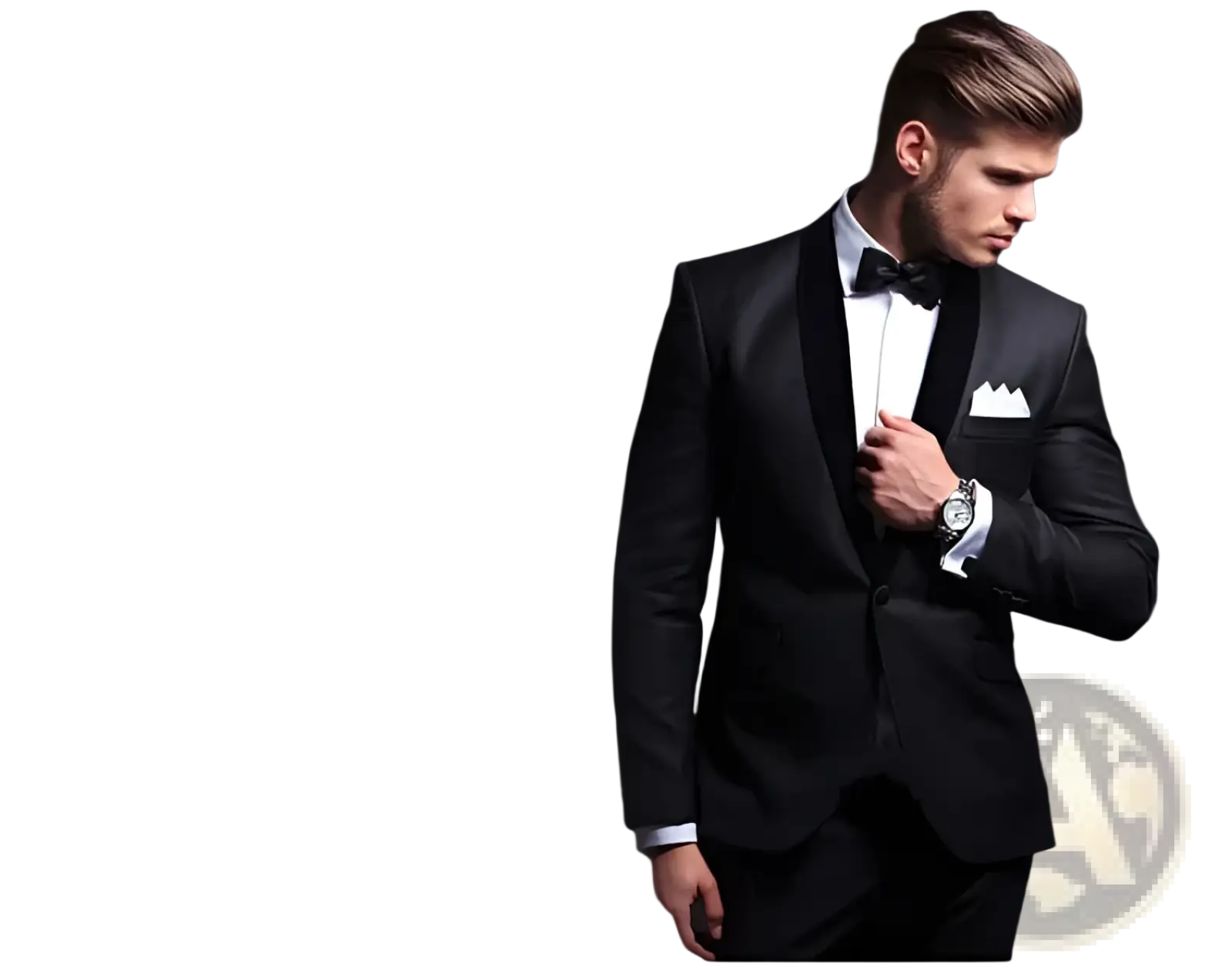 Men automatic leather belt with black leather and silver buckle paired with a black tuxedo jacket and matching bow tie