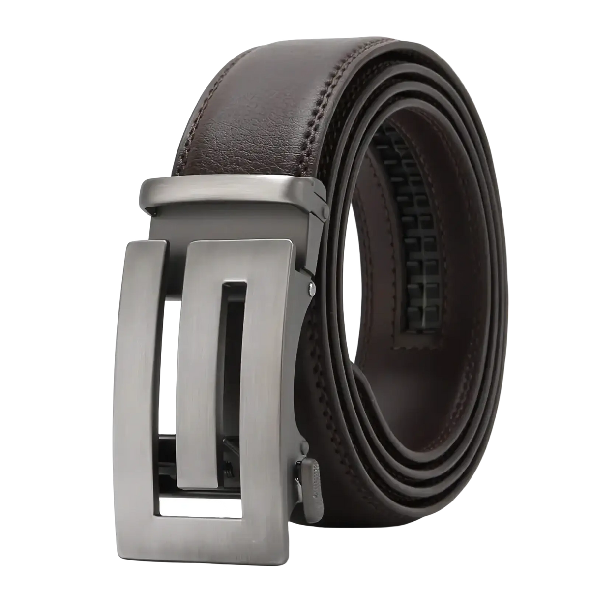 Men automatic leather belt in brown with a sleek silver-toned automatic buckle for formal and casual wear