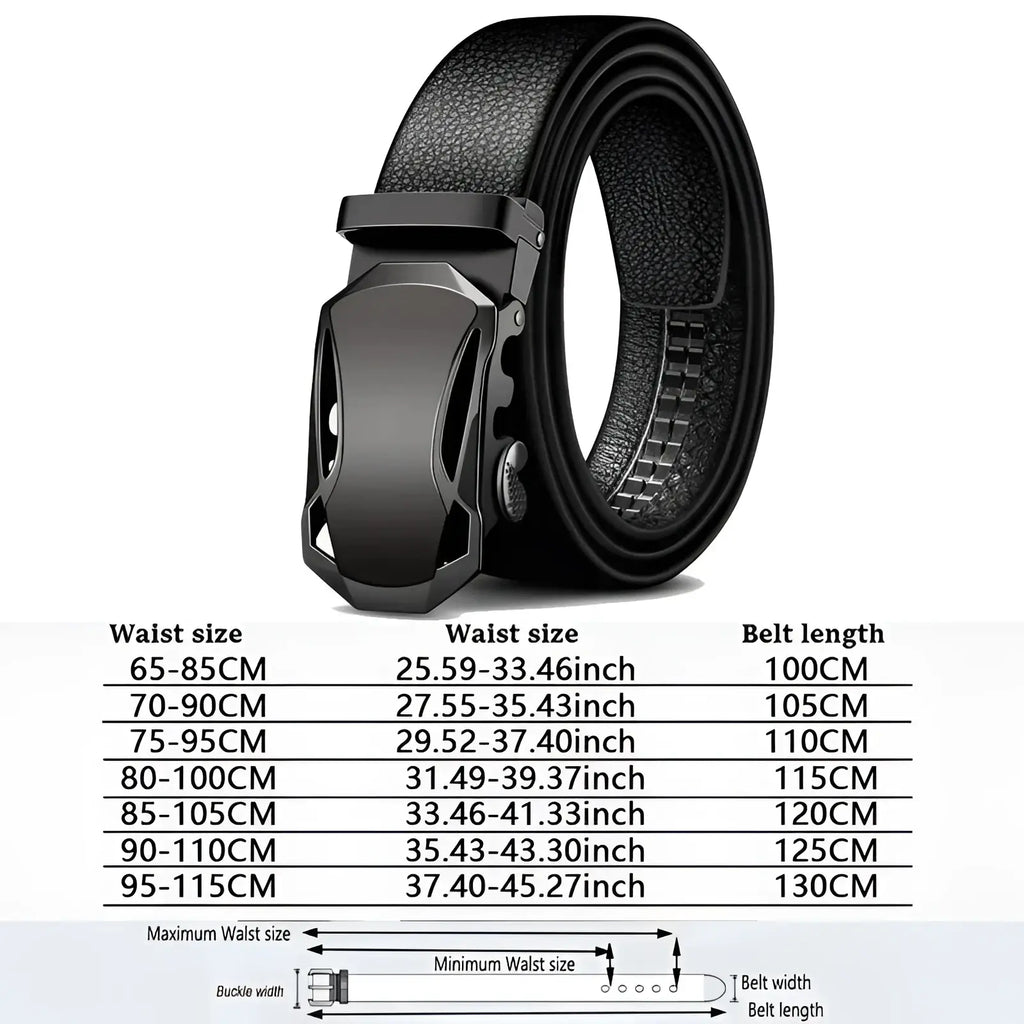 Men automatic leather belt in black with matte black automatic buckle shown from the front side