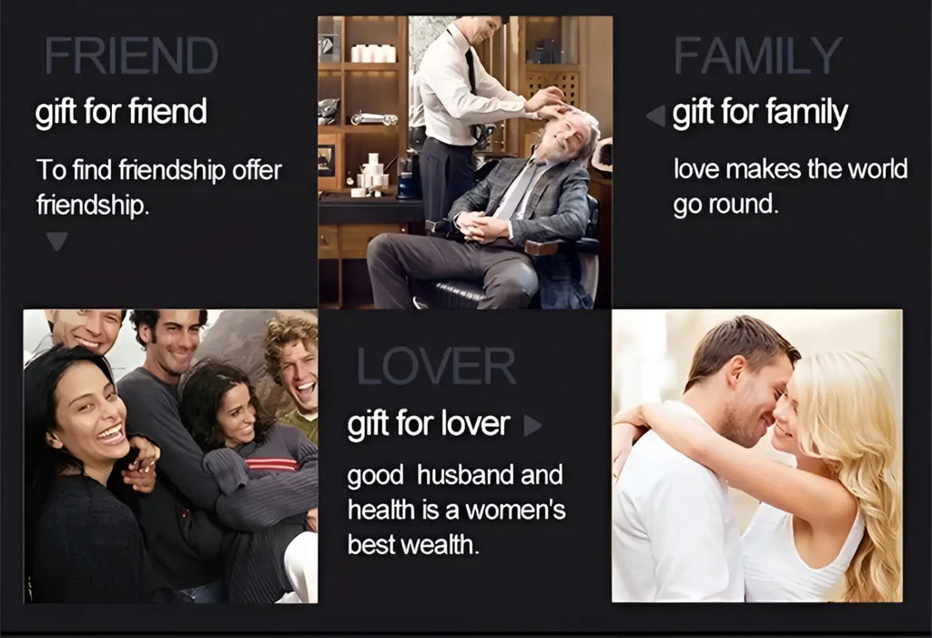 Collage showing men automatic leather belts as gifts for friend and family highlighting friendship and love themes