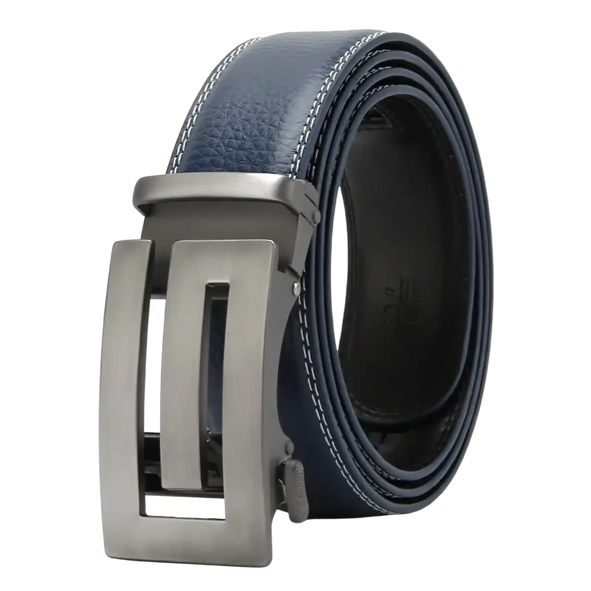 Navy blue textured leather belt for men with a silver-toned automatic buckle in an automatic leather belt design