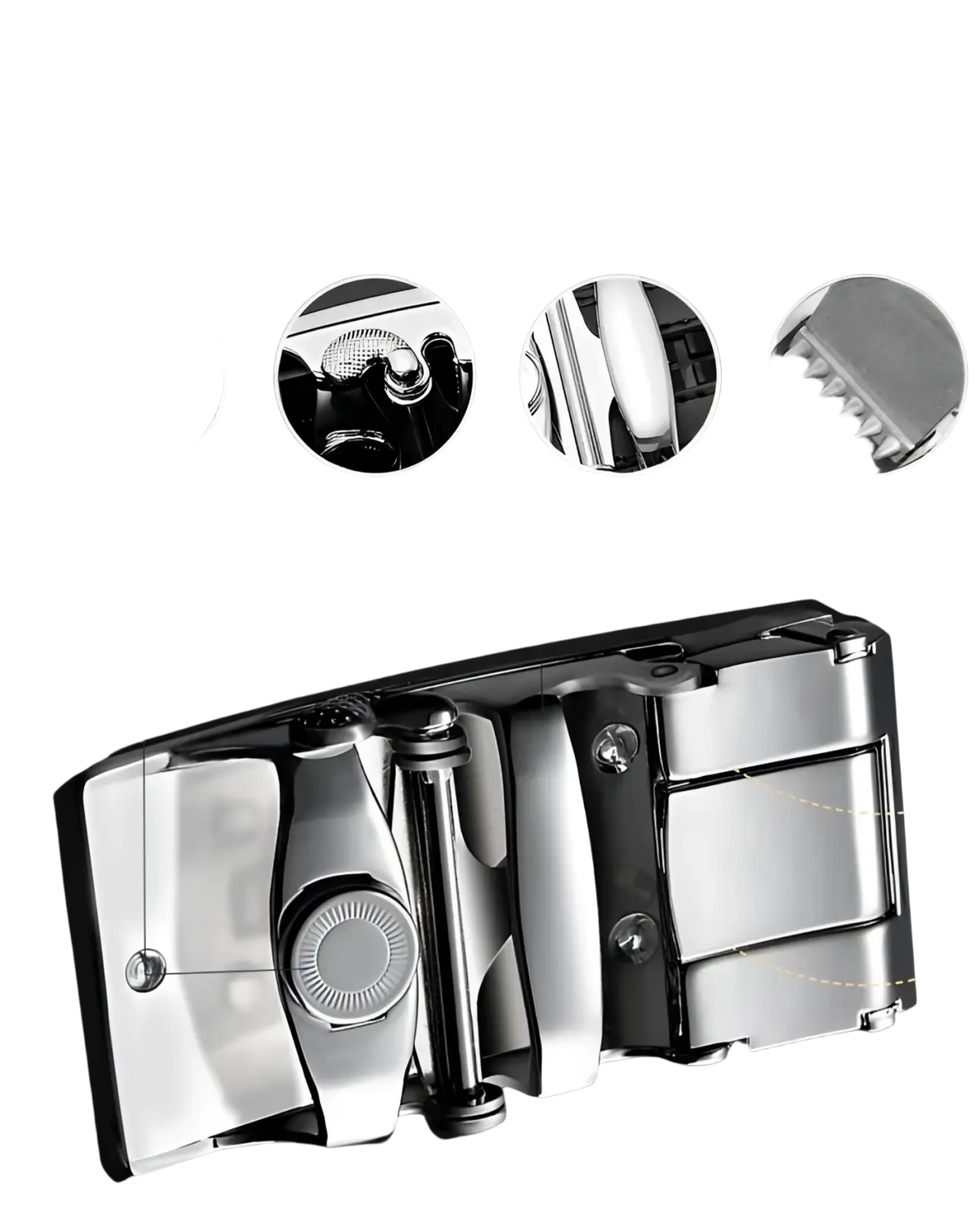 Men automatic leather belt featuring a shiny silver metal buckle with magnetic closure and six teeth detail
