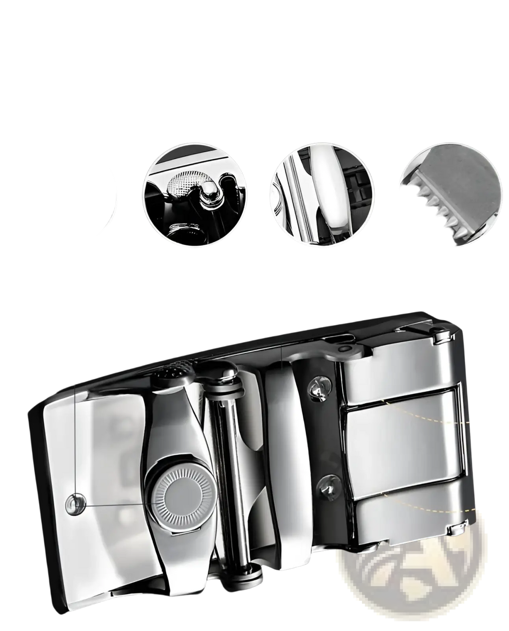 Men automatic leather belt featuring a shiny silver metal buckle with magnetic closure and six teeth detail