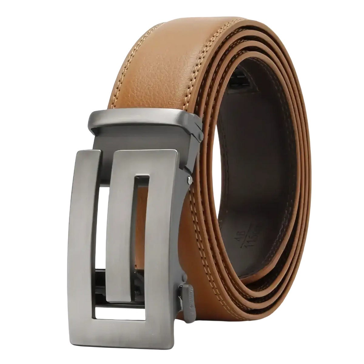 Men automatic leather belt in tan leather with a sleek silver-toned automatic buckle for formal wear