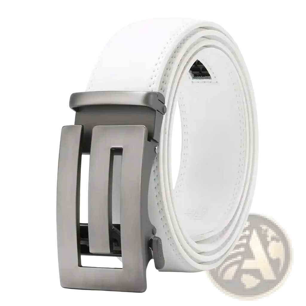 Men automatic leather belt in white leather with a sleek matte-finished metallic buckle for formal wear