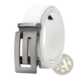 Men automatic leather belt in white leather with a sleek matte-finished metallic buckle for formal wear