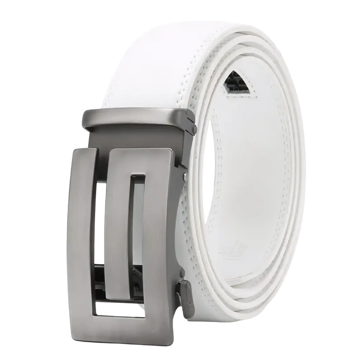 Men automatic leather belt in white leather with a sleek matte-finished metallic buckle for formal wear