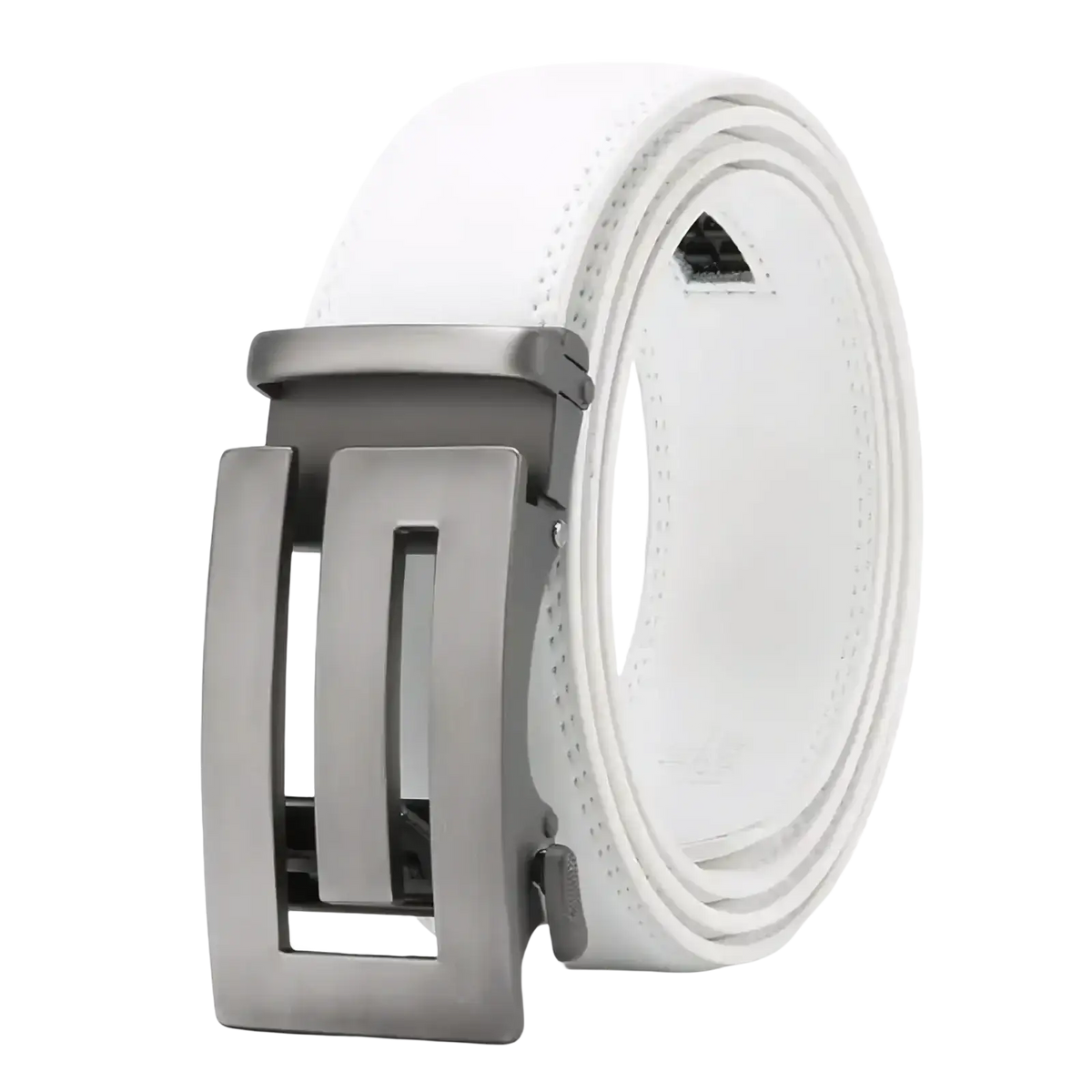 White leather belt for men featuring a sleek silver-toned automatic leather belt buckle