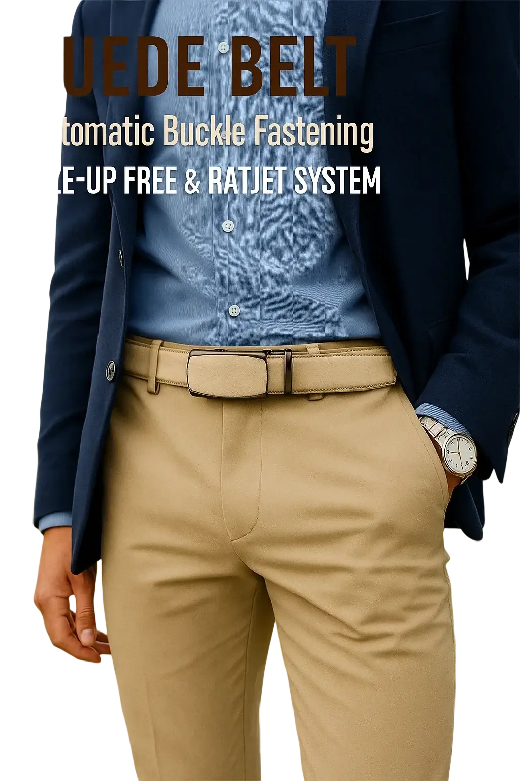 Beige suede men automatic leather dress belt with adjustable waistband and automatic buckle fastening