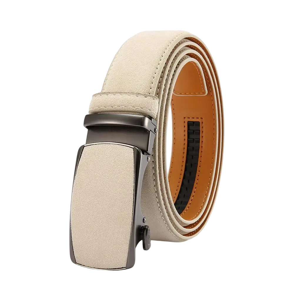 Beige suede men automatic leather dress belt with matte black automatic buckle and adjustable waistband